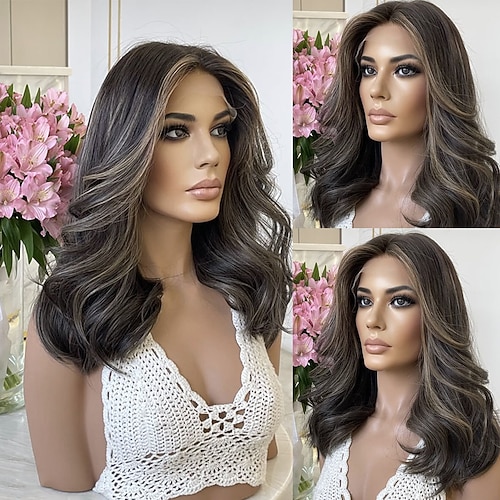Remy Echthaar 5x5 Verschluss 13x4 Spitzenfront Perücke Mittelscheitel Brasilianisches Haar Gewellt Mehrfarbig Perücke 130% 150% Haardichte Hervorgehobenes / Balayage-Haar Natürlicher Haaransatz 100 Image