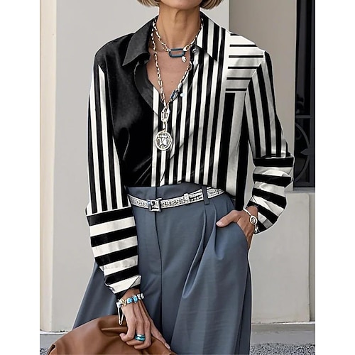 Damenhemd Leinenartig Atmungsaktiv Leicht Knopfdown Tunika Hemd Kragen Langarm Grafik Geometrisch Kariert Lässig Reguläre Tops Arbeit Täglich Druck Schwarz Weiß Pink Blau Braun Frühling Herbst Image