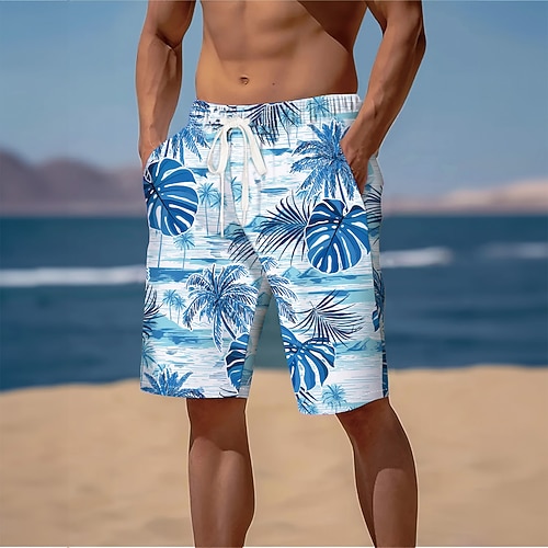 Herren Kokospalme Palmblatt Tropische Pflanzen Badehosen Badeshorts Boardshorts Mittlere Taille Streetwear Hawaiianisch Strandurlaub Seitentaschen Netzfutter Elastischer Kordelzug in der Taille Image