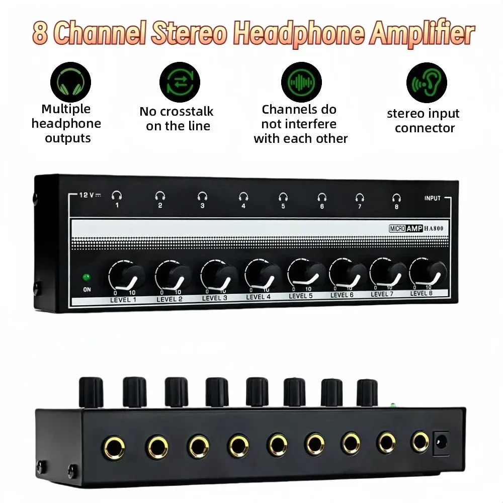 HA800 Mini Amplifier Headphone Amplifier 8 Channels Ultra-Compact Stereo Audio Amplifier Earphone Amplifier With Power Adapter