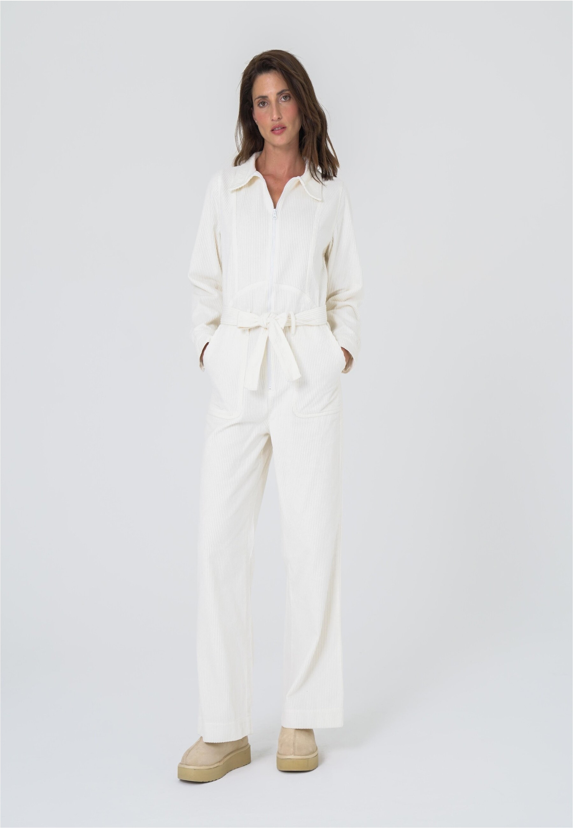 Jumpsuit FRESHLIONS "Gabriela", Damen, Gr. S, EURO-Größen, weiß, 100% Baumwolle, lang, Overalls Jumpsuit, mit Bindeband in der Taille