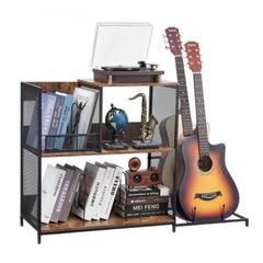 3-Tier Turntable Record Player Stand with Guitar Holder and Extra Large Storage Space - 44.61" x 14.17" x 30.12"