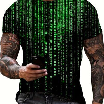 TEMU Men's Round Neck Short Sleeve T-shirt With Programming Waterfall Pattern Print, Casual Summer Wear. Image
