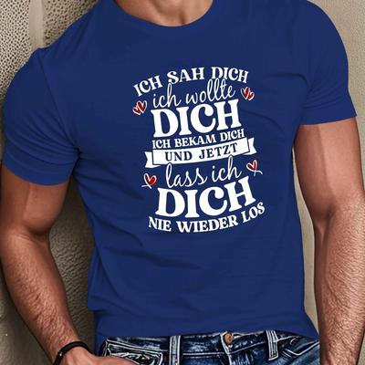 TEMU Men's Casual Blue T-shirt With German Quote And Design - Short Sleeve, Polyester, Summer Top, Machine Washable Image