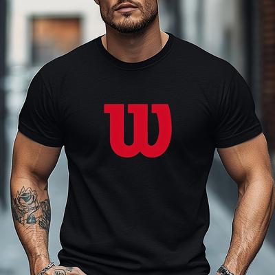TEMU Men's Cotton Basics Graphic T-shirt - Black With Red 'w' Logo, Sporty Casual Crew Neck Short Sleeve Tee, Regular -season , Machine Washable, Sporty Tshirt | Crew Neck Tee | Soft Fabric Image