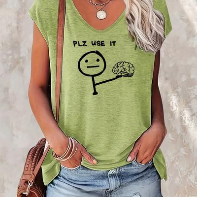"TEMU Women' "plz " Graphic Tee - Casual V-neck, Short Sleeve, Polyester, Top With Brain Illustration, Casual Attire | Print | Knit Construction, Ladies T Shirts" Image