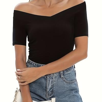 TEMU Women's Casual V-neck Short Sleeve T-shirt - Double Strap, Solid Color, Medium Stretch, Summer Activewear For Casual Attire, Summer Casual Wear | Tshirt | Image