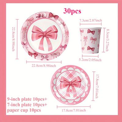 TEMU 30pcs Day Wedding Pink Bow Theme Disposable Party Set Meal Plate Cup Picnic Camping Creative Decoration Supplies Image