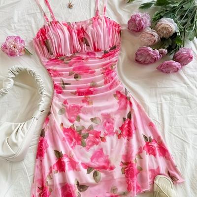 TEMU Women's Floral Print Ruched A-line Dress - Stretchy Polyester-spandex Blend, Slim Fit Short Sleeveless Dress With A-line Skirt, Machine Washable For Spring Party Date Outfit, Cute Dresses Image