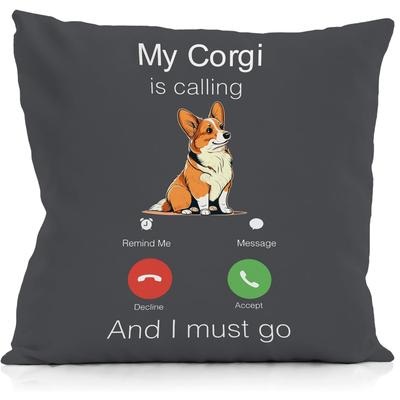 "TEMU 1pc Corgi Decor Throw Pillow Cover - "my Corgi Is Calling" Design, Dark Gray Polyester, Zipper Closure, Machine Washable, Single-sided Print, No Insert Included, Corgi Room Decor" Image