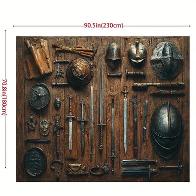 TEMU 1pc Print Of Medieval - Swords, , Helmets & Trinkets On Ancient Wooden Table - Rustic Home Decor, Party Props, Studio Background, Room Decoration Image