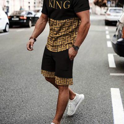 "TEMU Men's "king" Graphic T-shirt & Shorts Set - Black & Golden, Casual Sports Attire For Summer, Breathable Fabric, Outdoor Activities, Outdoor Sportswear | Lettering Top | , Plus Size" Image