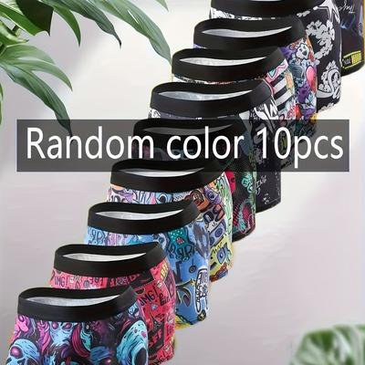 TEMU 10pcs Men's Soft Breathable Boxer Briefs - Stretchy, Comfortable Casual & Athletic Wear With Random Skull, Floral & Geometric Prints, Polyester Blend, Hand Wash Only Image