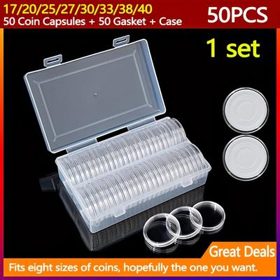 TEMU 1 Set Of 50 Acrylic Coin Boxes With Foam Pads, In Sizes 17/20/25/27/30/33/38/40mm, Transparent Coin Storage Box, Suitable For Collectors, Display And Storage, Material Image