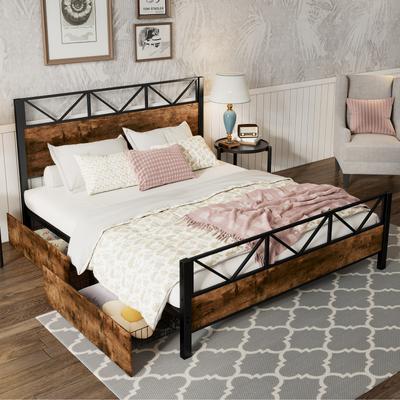 TEMU Metal Bed, Vintage , 2 Drawers With Rollers, Suitable For Teenagers And Adults, Metal Frame, Flat Beds, Metal + Mdf, Black + Walnut, 140x200cm Image