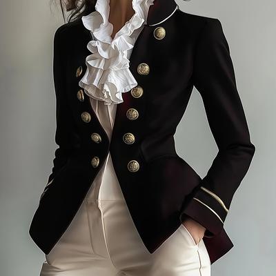 TEMU Elegant Vintage-style Women'-breasted Blazer - Chic Solid Color Suit Jacket With Pockets, Long Sleeves, Polyester, Ideal For Spring/fall, Casual Wear Jacket|sophisticated Design|polyester Jacke Image