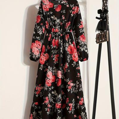 TEMU Elegant Vintage Floral Print Long Dress For Women - Black With Vibrant Red Flowers, Crew Neck, A-line Silhouette, Spring & Fall Parties, Floral Print Dress Image