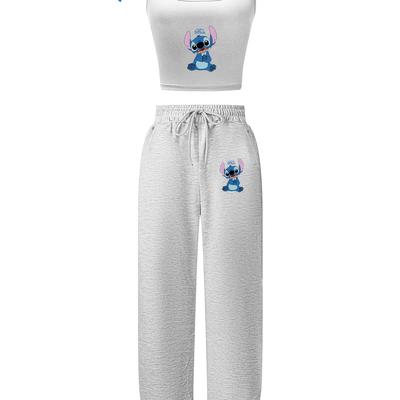 "TEMU Women's Summer Casual Suit - Officially Licensed Cartoon Stitch "s" Letter Print, Sleeveless Crop Vest Top & Drawstring Joggers With Pockets" Image