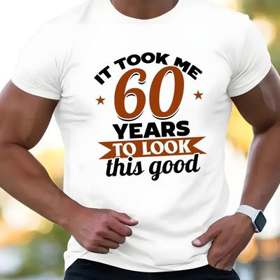 "TEMU Men's Casual Short Sleeve Crew Neck T-shirt With "it Me 60 Years To Look This Good" Print, Polyester Knit Fabric, Summer Essential Tee With Stretch And Regular Fit" Image