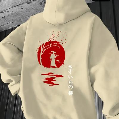 TEMU Men's Plus Size Warrior Graphic Hooded Sweatshirt - Japanese-inspired Print, Kangaroo Pocket, Soft Beige Fabric, Regular Fit Casual Pullover, Everyday | Machine Washable Top, Plus Size Image