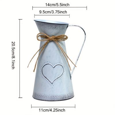 "TEMU Vintage French Kettle Vase - Rustic Galvanized Metal Milk Jug With Heart Cutout For Dried Flowers, Farmhouse Decor, 8" Tall, Kitchen, Fireplace, Or Country" Image