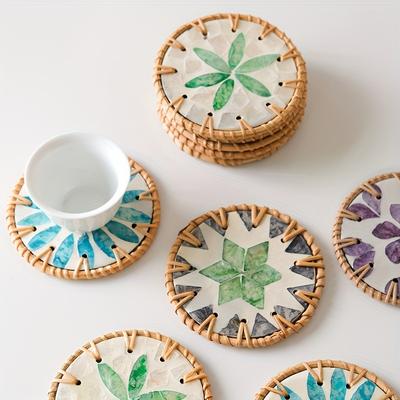 TEMU 6-pack Handmade Resin & Rattan Coasters, Heat-resistant Shell Design, Polished , Ideal Gift, Hand Wash Only Image