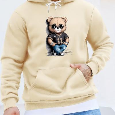 TEMU 1pc Men' Casual Hoodie With Glasses , Polyester Knit Sweatshirt, Regular Fit, Micro-, 250g/m² Weight - Streetwear Style Image