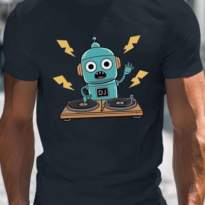 TEMU 1pc Cartoon Robot Dj Print T-shirt For Men - Casual Crew Neck Short Sleeve Tee, Polyester Knit Fabric With Stretch, Regular Fit Summer Top Image