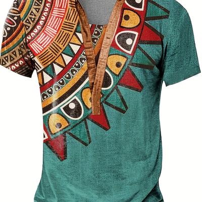 TEMU Men's Tribal Print V-neck Henley Shirt - Short Sleeve, Button Detail, Casual Summer Wear In Teal With Vibrant Ethnic Patterns (polyester, Machine Washable) Image