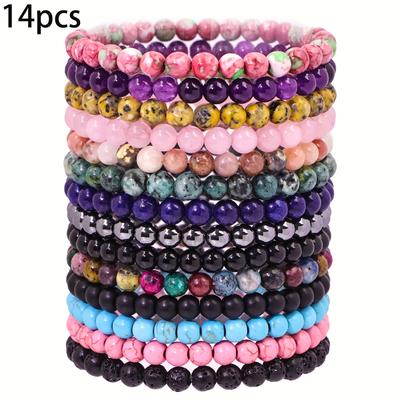 TEMU 14pcs, Minimalist Style, Natural Stone Bracelets, 6mm Stone Beads Bracelet, Suitable For Summer Combination, Suitable For Ladies To Wear, Multiple Sets, Gift Bracelet Image
