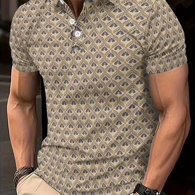 TEMU Men's Summer Casual Shirt With Geometric Print, Short Sleeve, Button-up Collar, Red And White Pattern, Stretch Fabric, Regular Fit, Casual Summer Wear | Geometric Print | Durable Image