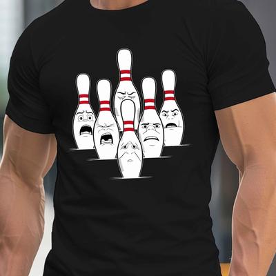 TEMU Men's Blue Cartoon Bowling Pins Graphic T-shirt, Casual Crew Neck Short Sleeve, Lightweight Summer Tee With Unique Pin Design, Fun Graphic Tee|humorous Tshirt| Texture Image