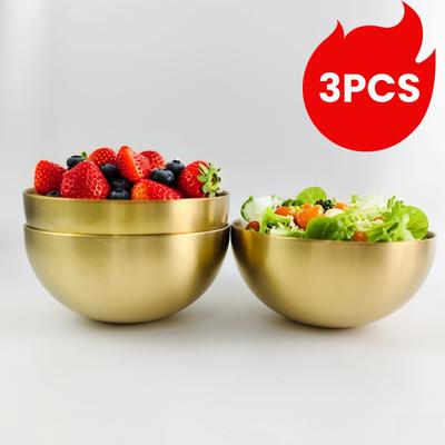 TEMU 3pcs Golden Stainless Steel Mixing Bowls - Large, Decorative Serving Bowls For Salads, Soups, Fruit, Cereal | Ideal For Party Baking & Food Preparation (5.91 Inch) Image