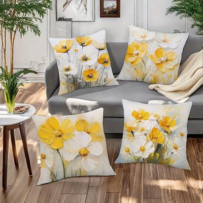 TEMU 4pcs Set, Spring And Summer Floral Themed Pillowcase, Yellow And White Print, Suitable For Living Room Decoration, Zipper Opening And Closing, , Without Pillow Core Image