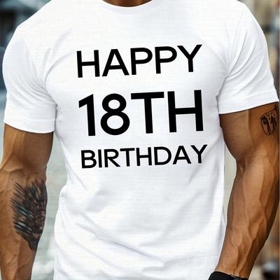 TEMU Happy 18th Birthday Men's T-shirt - Casual Crew Neck, Short Sleeve, Lightweight & Comfy Summer Tee With Geometric Print Image
