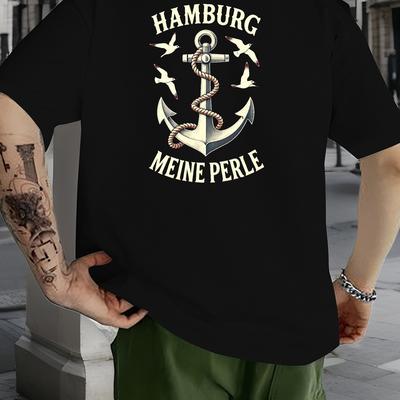 TEMU Plus Size Men's Nautical Anchor & Graphic Crinkle T-shirt - Black Casual Short Sleeve Summer Top With , Machine Washable, Plus Size Image