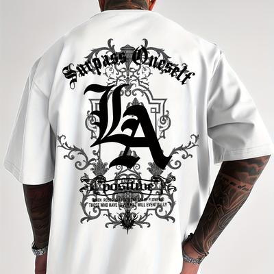 TEMU Men's Casual Los Angeles Graphic T-shirt - Breathable, Stretchy, Machine Washable Summer Tee With La Print & Ornate Design, Home & Outdoor Activities Image