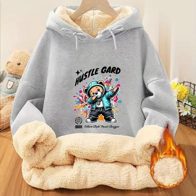 TEMU Women's Casual Polyester Hooded Sweatshirt, Alphabet Print, Thickened Velvet Long-sleeve Top, Fall/winter Knit Fabric, 100% Polyester, Adult Fashion Hoodie Image