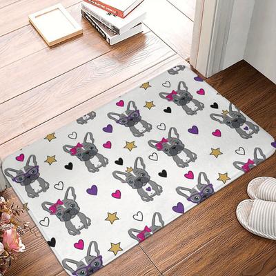 TEMU French Bulldog & Hearts Welcome Doormat - Anti-slip, Machine Washable Polyester Rug For Home Decor, Bedroom, Bathroom, And Balcony, Image