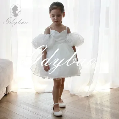 Schulterfrei, Puffärmel, klassisches Blumenmädchenkleid für Hochzeit, Party, Falten, Minilänge, Image