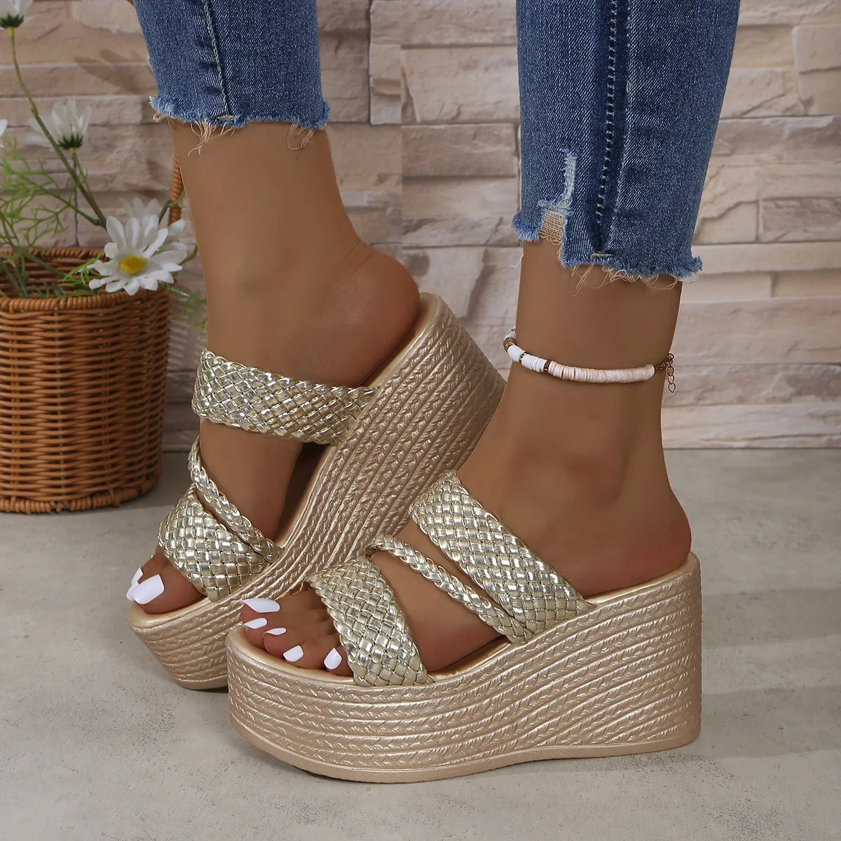 Aphixta Sommer 9 cm High Heels Keil Heels Hausschuhe Weben Frauen Plattform Sandalen Clog Schuhe Slides Gold Schuhe Größe 43