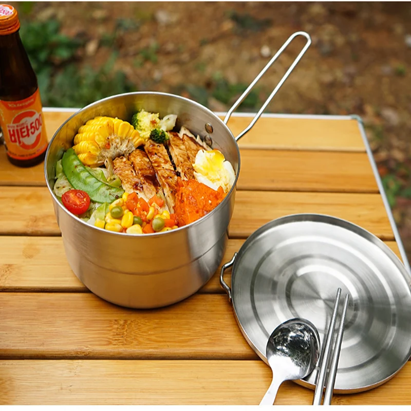 Outdoor Camping Bento-Topf aus Edelstahl 304, tragbares Grill-Set, Klappgriff, Picknick, Dampf- und Kochgeschirr Image