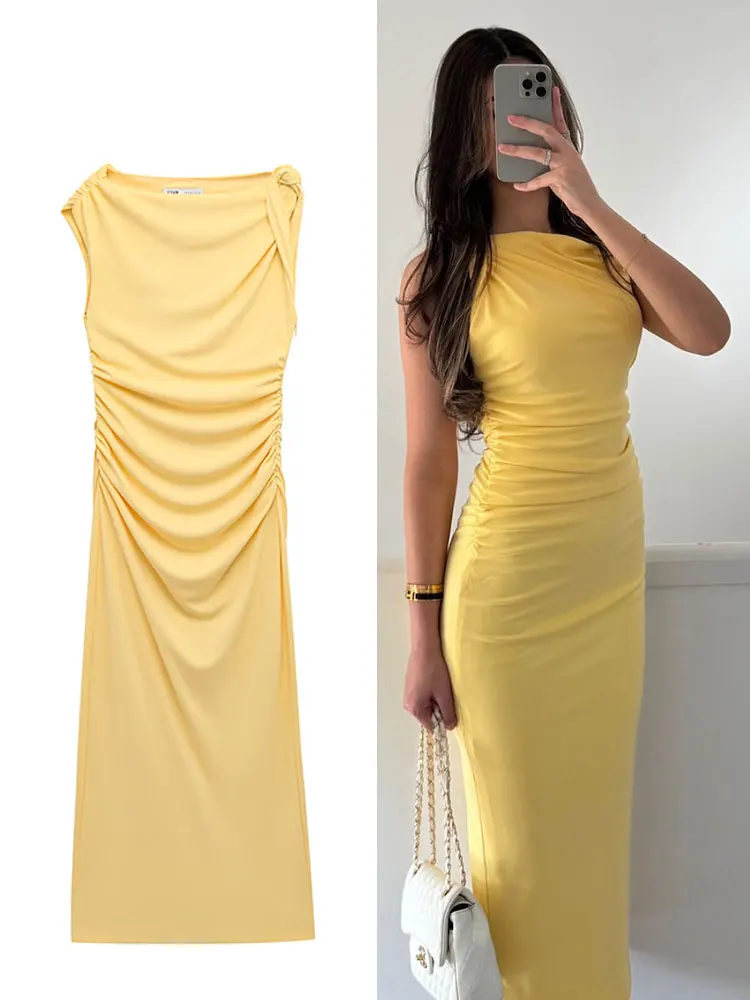 HH Frauen Elegante Gelbe Drapierte Midi Kleider Sommer Off Schulter Ärmelloses Kleid 2025, Urlaub Party Abendkleid Vestidos