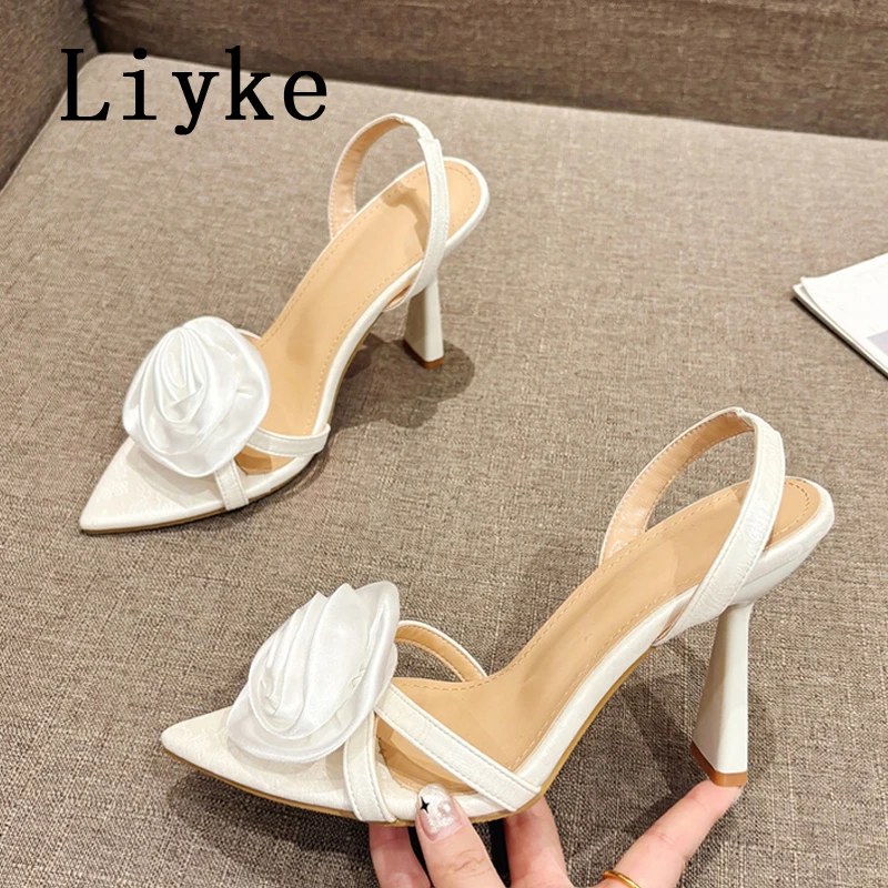 Liyke sexy Sling back Sandalen Frauen Sommer Mode Rose Blumen spitzen offenen Zehen zurück Riemen High Heels Party Kleid Schuhe Größe 41