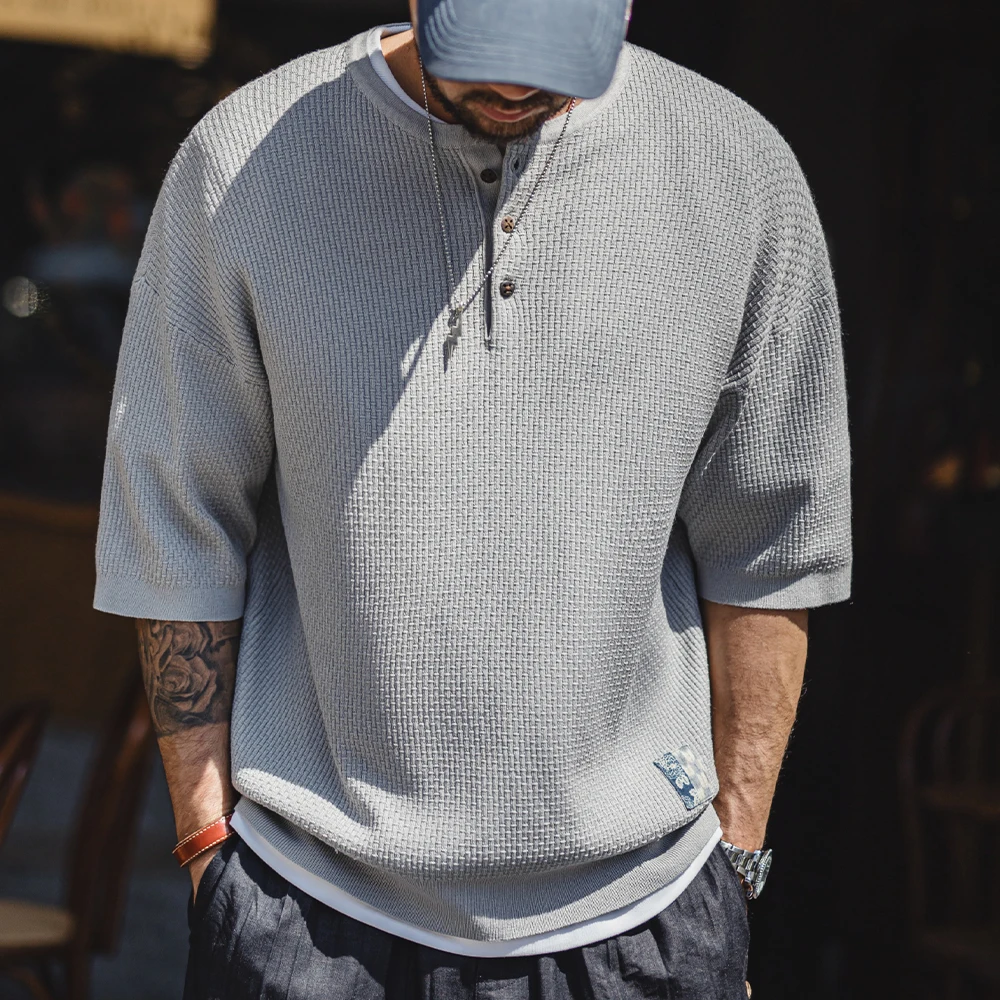Maden Vintage Boro Style Kurzarm Henley Shirt Herren Sommer Grau Loose Fit T-Shirt Strick Casual Street Vielseitig gerippter Saum Tops