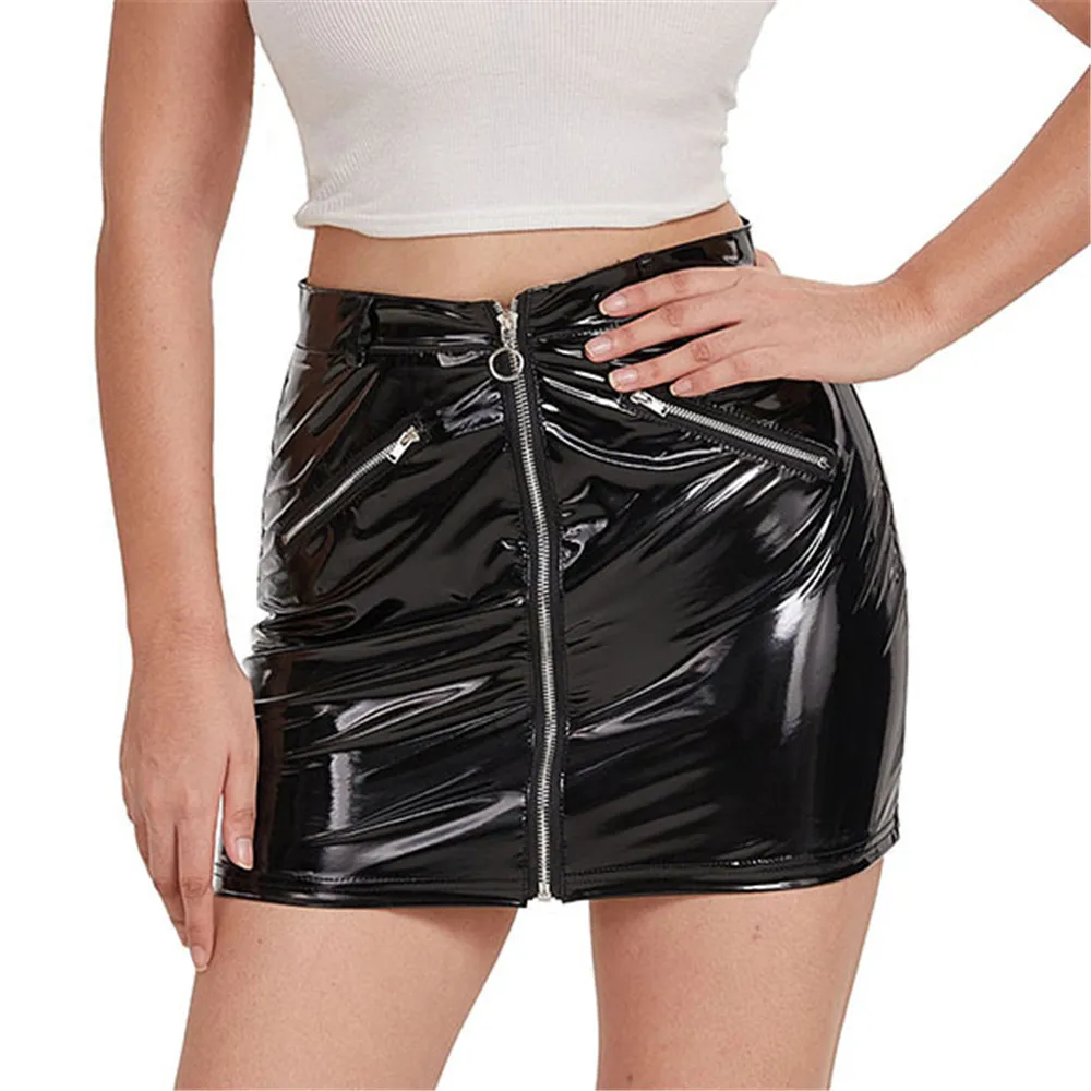 S-4XL Schwarz/Rot Damen Wet Look Sexy Reißverschluss PVC Leder Miniröcke Sexy Nachtclub Party Clubwear Damen Latex Erotische Röcke