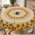 1 pièce de nappe ronde imprimée abeille tournesol, 5 tailles disponibles, nappe carrée avec motif imprimé fleur de tournesol rétro, processus de gaufrage des bords, décoration quotidienne de nappe de