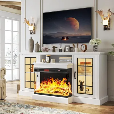 59'' Fireplace TV Stand, 3 Sided Glass Media Entertainment Center Console Table