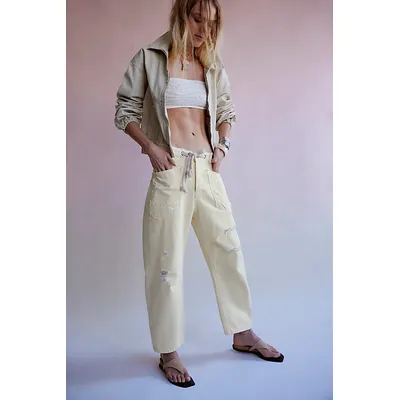 We The Free Moxie Pull-On Barrel Jeans at Free People in Lemon Icing, Size: 26