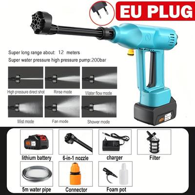 TEMU 6-in-1 Portable High Pressure Washer 200bar Car Water Gun Lithium Battery Charging Wireless Spray Cleaner Pump Washing Machine Image